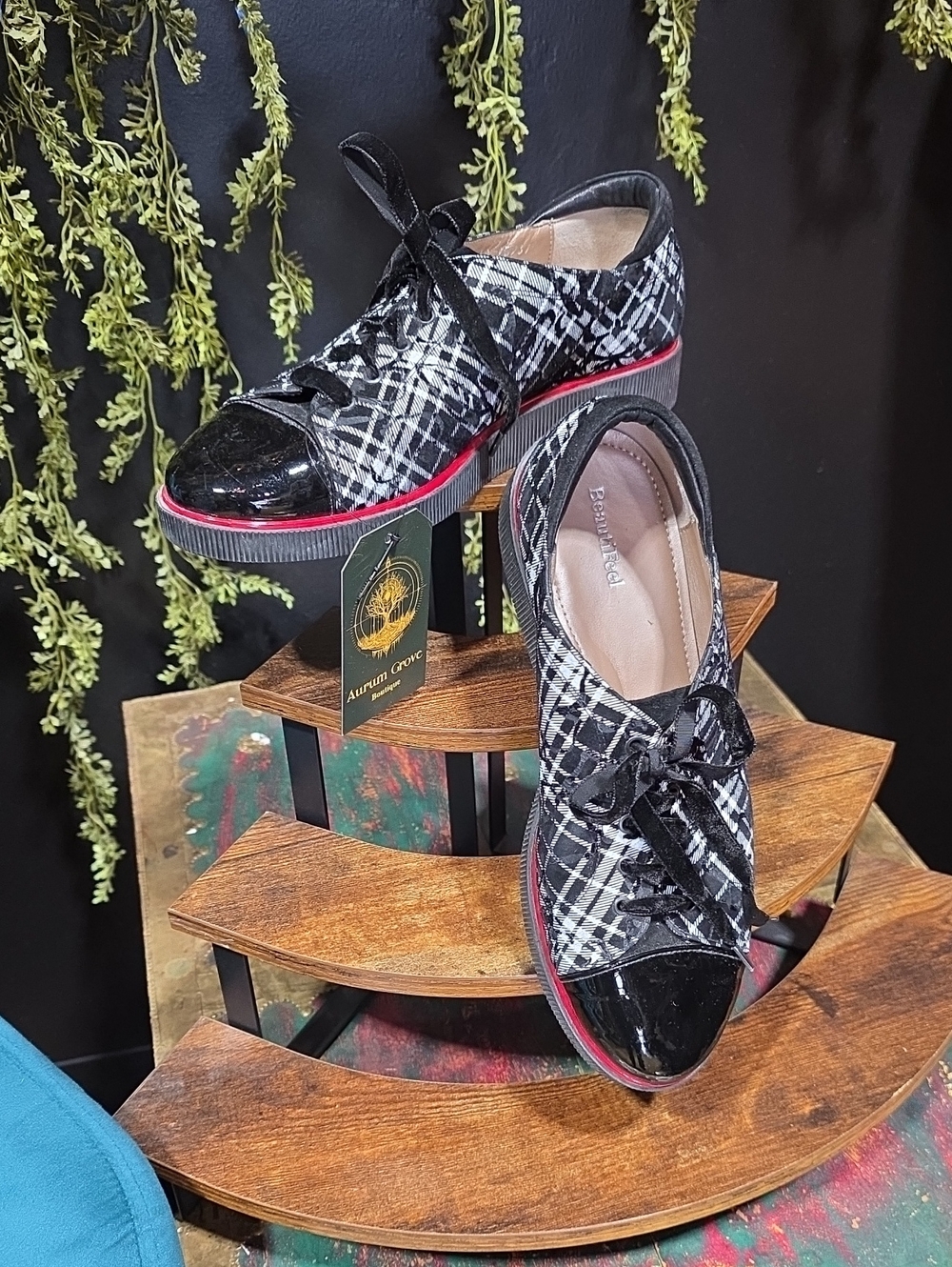 BeautiFeel Black and White Plaid Sneakers with Patent Black Toe and Red Trim